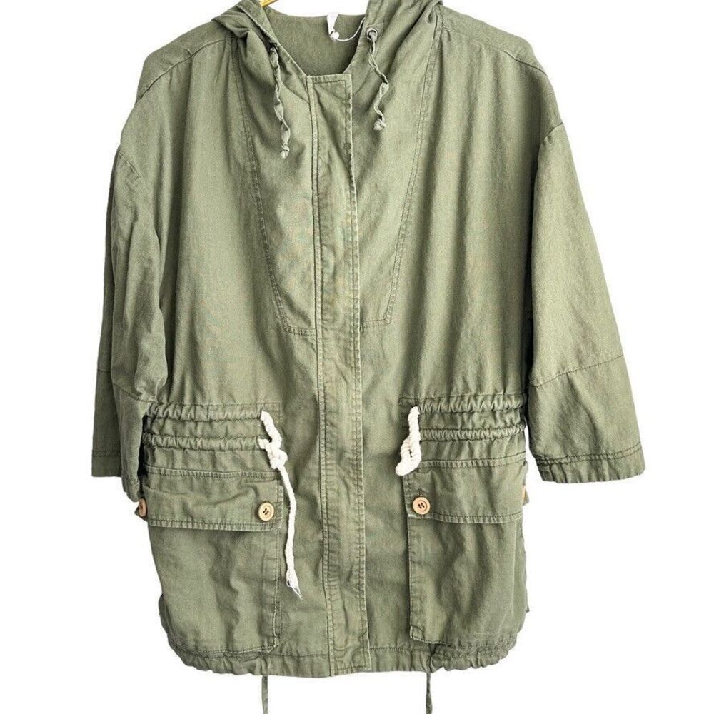 Willow & Clay Utility Hooded Jacket Women's M Army Green Lightweight Linen Blend